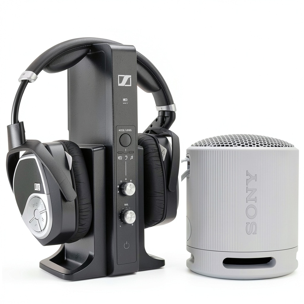 Sennheiser RS 195 headphones connected to a TV with Sony XB100 speaker nearby