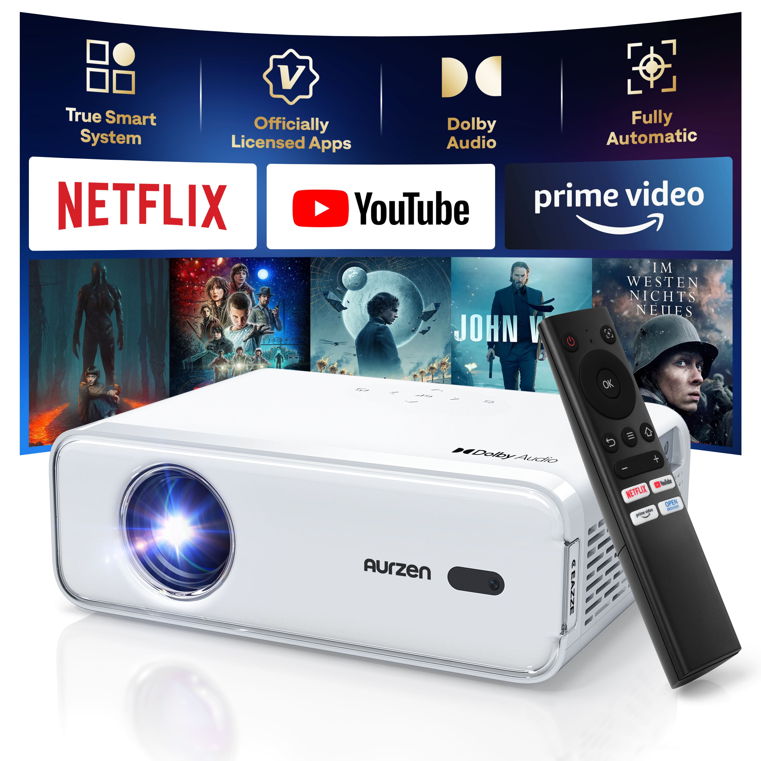 Aurzen Smart Projector displaying a vibrant movie scene on a wall
