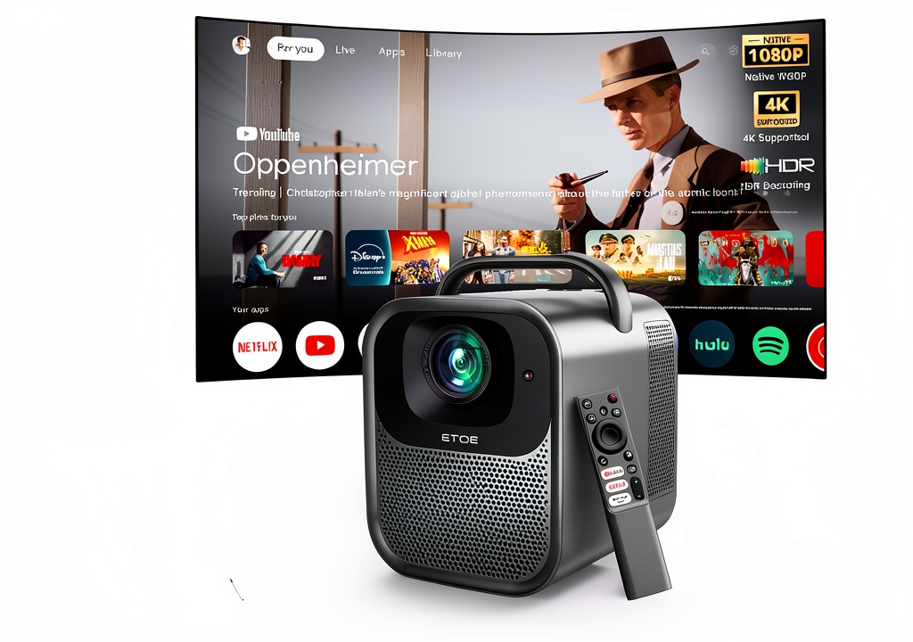 ETOE Seal Pro projector displaying a bright 1080P movie scene